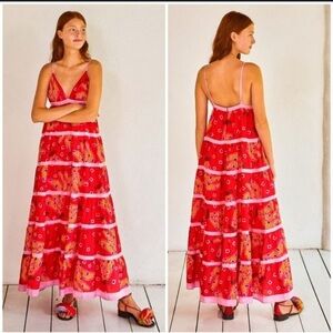Farm Rio Tropical Banana Tiki Striped Maxi Dress M red & pink